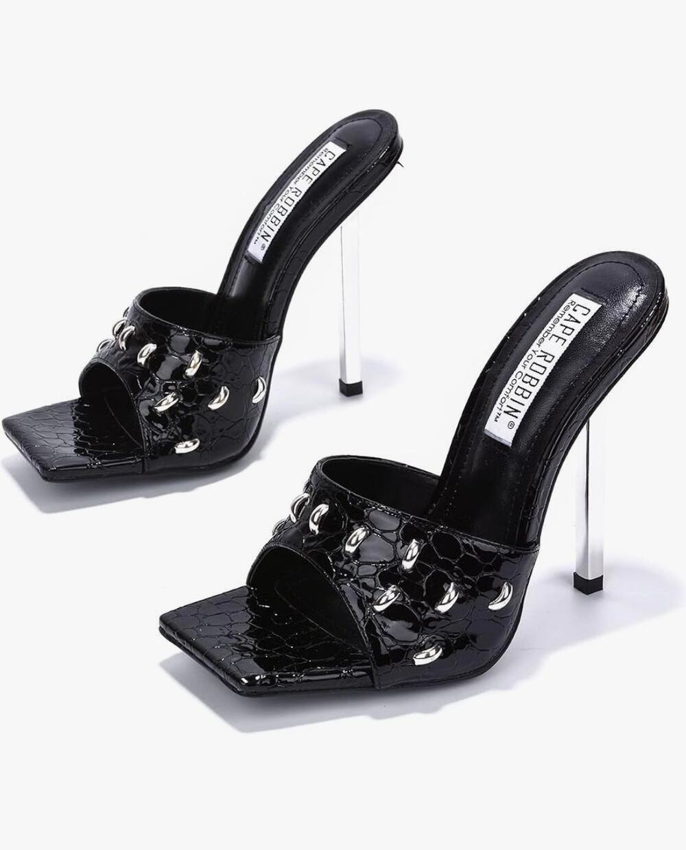 Black Tennon Crocodile Square Toe Spike Heels by CAPE ROBBIN